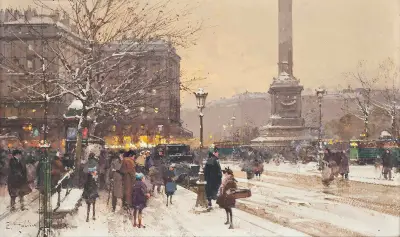 Figures in the snow, the Place de Concorde, Paris av Eugène Galien-Laloue