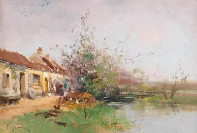 Vårdag vid bäckstranden av Eugène Galien-Laloue