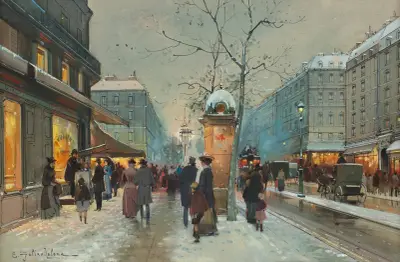 Grands Boulevards sous la neige à la tombée de la nuit av Eugène Galien-Laloue