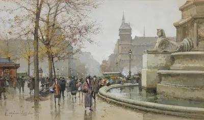 La fontaine du Palmier, place du Châtelet av Eugène Galien-Laloue