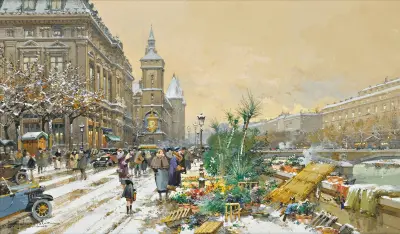 Blomsterkajen och Conciergerie av Eugène Galien-Laloue