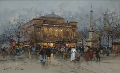 Le Théâtre du Châtelet, Paris av Eugène Galien-Laloue