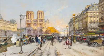 Kajerna på vänstra stranden framför Notre-Dame, Paris av Eugène Galien-Laloue