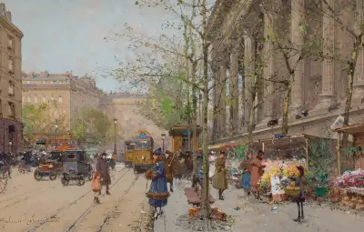 Blomstermarknaden Place de la Madeleine av Eugène Galien-Laloue
