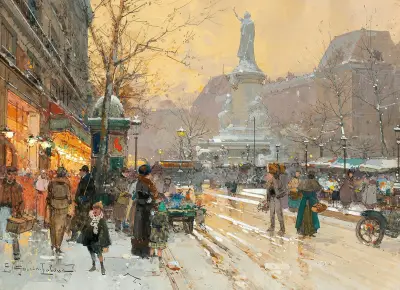 Paris, Place de la République in the rain, av Eugène Galien-Laloue