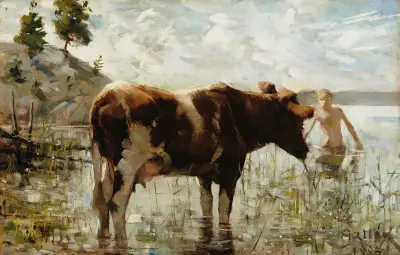 Cow And Boy, 1885 av Akseli Gallen-Kallela