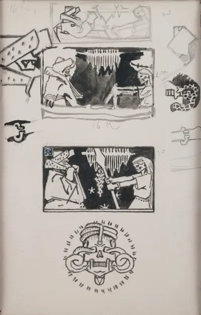 Koru-Kalevala, The Illustrated Kalevala; sketches for Väinämöinen’s visit in Tuonela av Akseli Gallen-Kallela