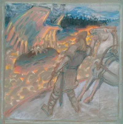Lemminkäinen am Feuerfluss von Akseli Gallen-Kallela