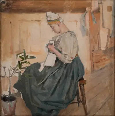 Mary Gallen sewing in a Carelian home av Akseli Gallen-Kallela