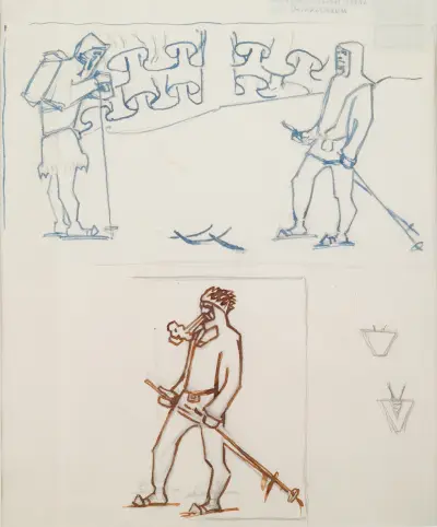 Das große Kalevala, Skizze zu Seite 1, Skifahrer begegnen sich von Akseli Gallen-Kallela