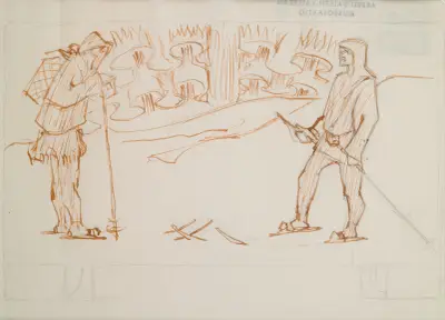 The Great Kalevala, sketch for page 1, skiers meet. av Akseli Gallen-Kallela