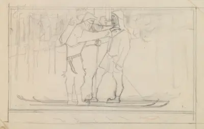 The Great Kalevala, sketch. Skiers. av Akseli Gallen-Kallela
