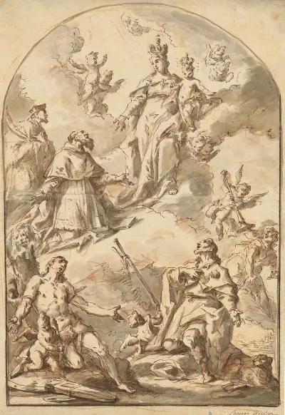 Den krönta madonnan med barnet i härlighet, med helgonen Sebastian, Rochus, Hieronymus och Johannes Nepomuk av Gaspare Diziani