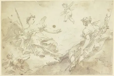 Zwei allegorische Frauenfiguren mit Putten auf Wolken (Tugend und Adel) von Gaspare Diziani