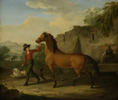 A Groom Leading a Stallion from the Drinking Trough av Johann Georg Pforr