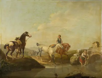 A Groom Leading two Horses to the Water av Johann Georg Pforr
