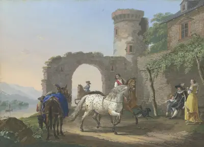 Ein Kavalier sitzt mit seiner Frau und seinem Sohn vor seinem Haus und lässt sich einen Schimmel vorführen av Johann Georg Pforr