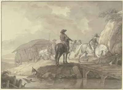 Ein mit Säcken beladener Lastwagen, begleitet von zwei Reitern und zwei Hunden, fährt über eine Brücke av Johann Georg Pforr
