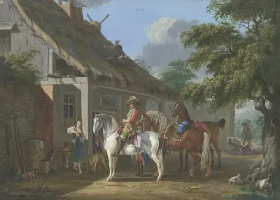 Ein reichgekleideter Kavalier hält mit drei Pferden und einem Diener vor einem Bauernhaus, eine barfüßige junge Frau schenkt ihm ein av Johann Georg Pforr