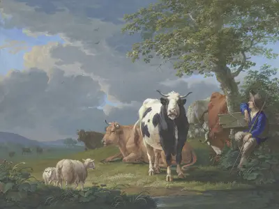 Hirte unter einem Baum mit seiner Rinderherde und zwei Schafen av Johann Georg Pforr