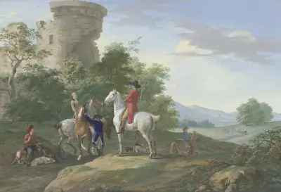 Jäger mit Pferden und Jagdhunden machen bei einer Ruine halt av Johann Georg Pforr