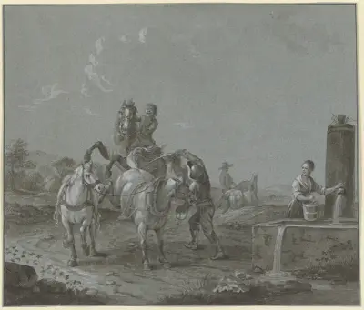 Knabe auf einem sich bäumenden Pferd, davor ein Knecht mit zwei Pferden, rechts eine junge Frau mit einem Eimer am Brunnen av Johann Georg Pforr
