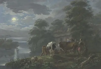 Mondscheinlandschaft an einem Fluß, Hirte und Hirtin treiben das Vieh zum Hof av Johann Georg Pforr