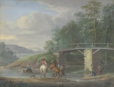 Pferde in der Schwemme bei einer Brücke, rechts zwei Wäscherinnen av Johann Georg Pforr