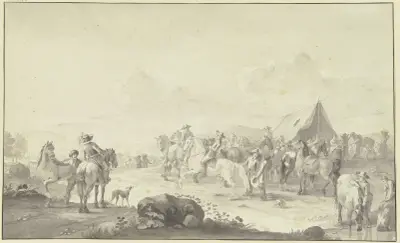 Pferdemarkt mit einem Marketenderzelt, im Vordergrund wird ein Pferd getränkt av Johann Georg Pforr