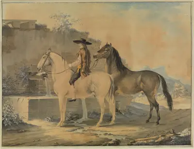 Reiter mit zwei Pferden am Brunnen von Johann Georg Pforr