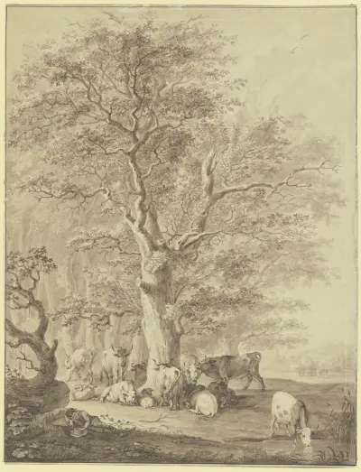 Rinderherde mit zwei Schafen und dem Hirten unter einer Eiche rastend av Johann Georg Pforr