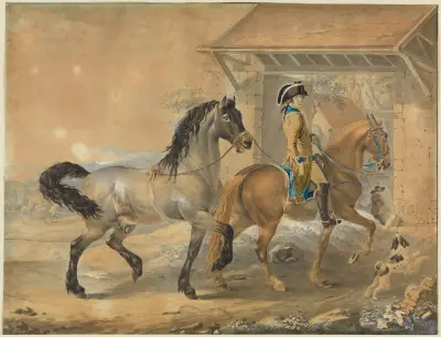 Soldat med två hästar framför gård av Johann Georg Pforr