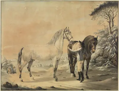 Stallpojke med skimmel och svart häst av Johann Georg Pforr
