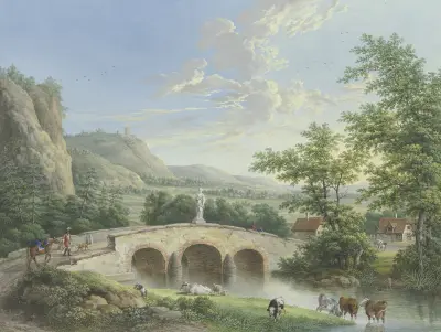 Tallandschaft mit einer steinernen Brücke, auf deren Brüstung eine antike Skulptur aufgestellt ist av Johann Georg Pforr