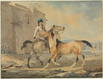 Turk med två hästar framför borggruin av Johann Georg Pforr