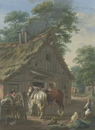 Zwei Bauernpferde vor einem Wirtshaus unter Bäumen von Johann Georg Pforr