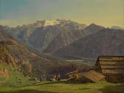 Utsikt över Dachstein med Hallstättersee från Hütteneckalpe vid Ischl av Ferdinand Georg Waldmüller