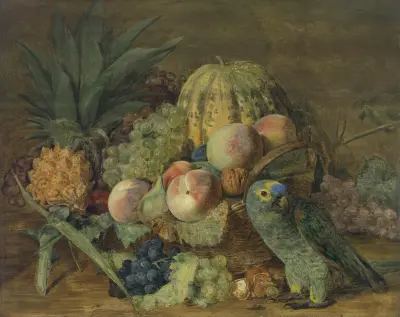 Früchtestillleben mit Papagei av Ferdinand Georg Waldmüller