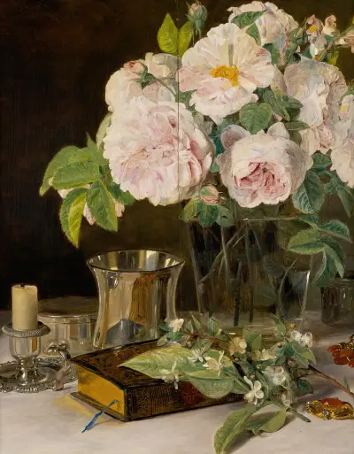 Rosen im Glas Stilleben mit Rosen, Leuchter und silbernem Becher av Ferdinand Georg Waldmüller