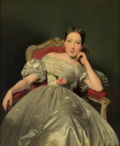 Sitzendes Mädchen in weißem Atlaskleid av Ferdinand Georg Waldmüller