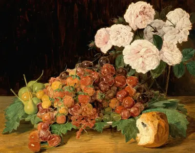 Stillleben mit Rosen, Erdbeeren und Brot av Ferdinand Georg Waldmüller