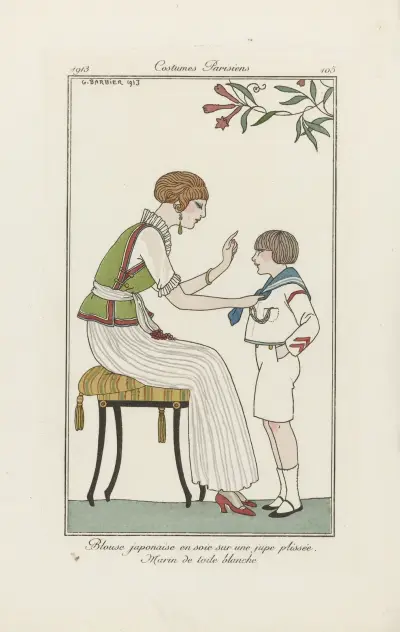 Blouse japonaise en soie sur une jupe plissée. Marin de toile blanche von George Barbier