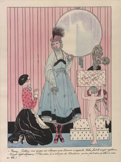 Scen i en hattaffär av George Barbier