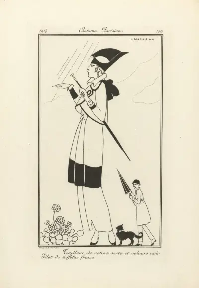 Tailleur de ratine verte et velours noir Gilet de taffetas fraise av George Barbier