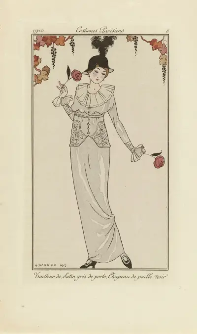 Grauer Satinanzug. Schwarzer Strohhut. von George Barbier