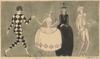 Tre figurer ur Commedia dell'Arte av George Barbier