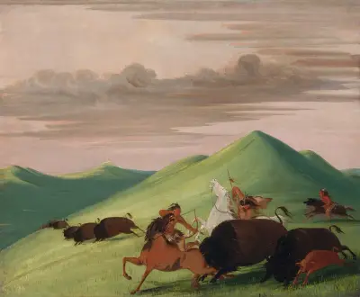 Buffeljakt, tjur som skyddar ko och kalv av George Catlin