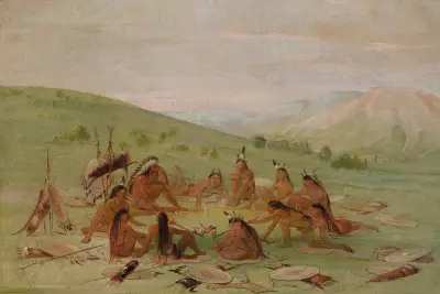 Foot War Party In Council, Mandan av George Catlin
