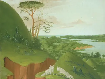 Flodbrinkar med vita vargar i förgrunden, övre Missouri av George Catlin