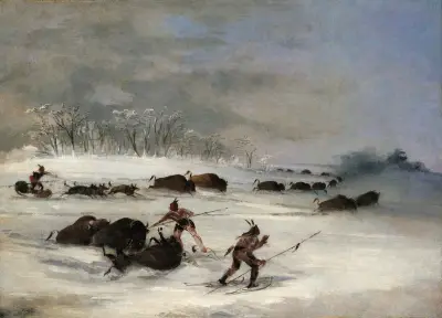 Sioux Indians On Snowshoes Lancing Buffalo av George Catlin